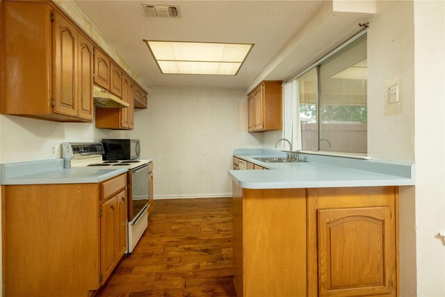 kitchen with visible vents, a peninsula, under cabinet range hood, white range with electric stovetop, and a sink