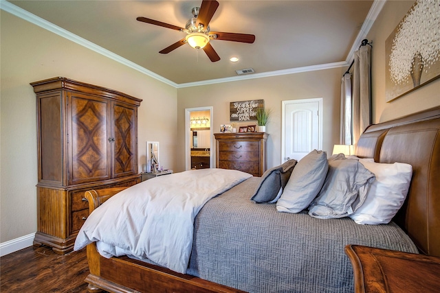 bedroom with dark wood finished floors, connected bathroom, ornamental molding, visible vents, and baseboards