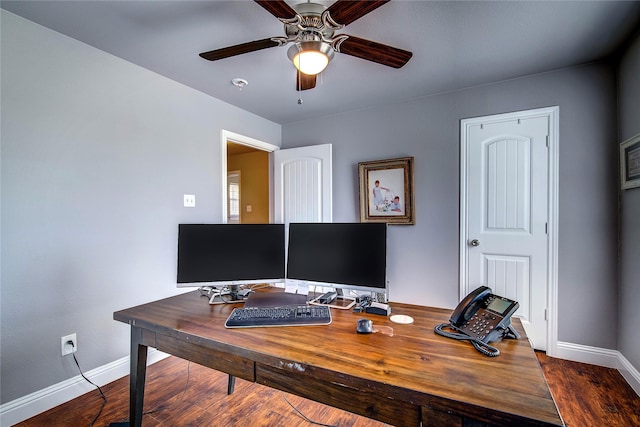 home office with wood finished floors, ceiling fan, and baseboards