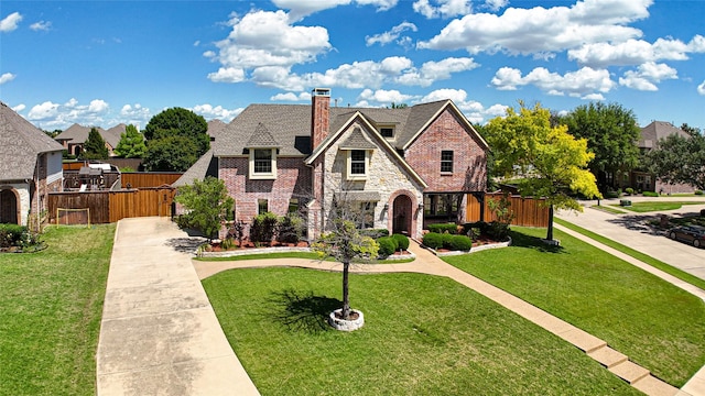 523 Buffalo Bend Ct, Murphy, TX 75094 - tudor-style house with stone siding, a chimney, and brick siding