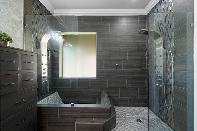 523 Buffalo Bend Ct, Murphy, TX 75094 - bathroom featuring crown molding and a shower stall