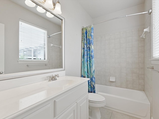 full bath with vanity, tile patterned flooring, toilet, and shower / bathtub combination with curtain