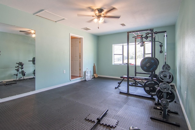 503 W College St, Rising Star, TX 76471 - workout room featuring visible vents, baseboards, and a ceiling fan