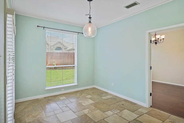 2313 Suntree, Flower Mound, TX 75022 - spare room with a chandelier, crown molding, stone tile floors, and baseboards