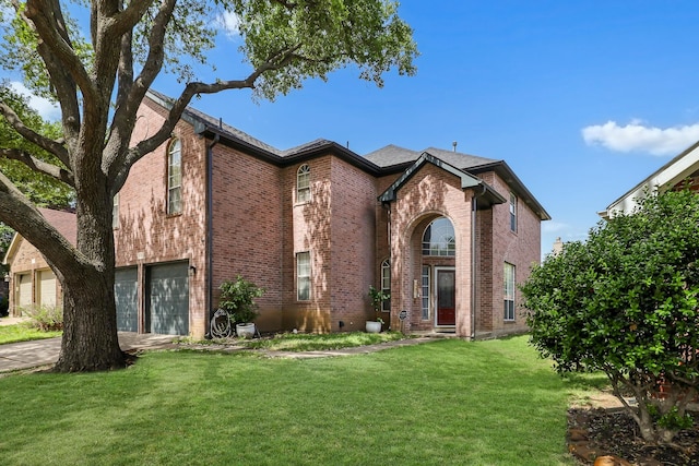 2313 Suntree, Flower Mound, TX 75022 - view of front facade with brick siding, a front yard, driveway, and an attached garage