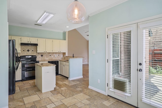2313 Suntree, Flower Mound, TX 75022 - kitchen with black appliances, under cabinet range hood, crown molding, cream cabinetry, and a kitchen island