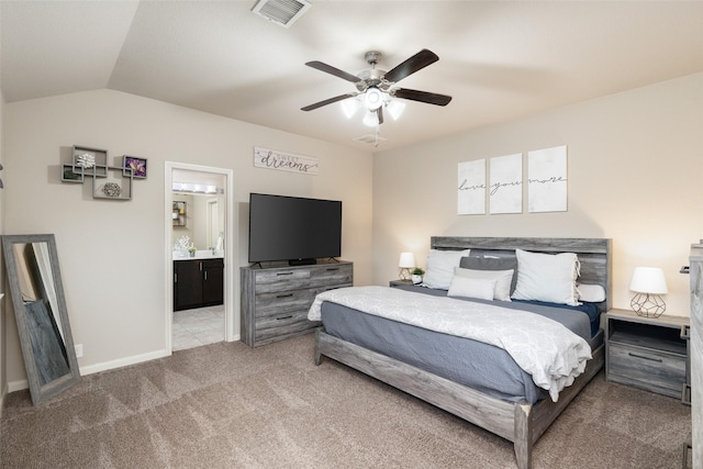 500 Harding Ln, Lavon, TX 75166 - bedroom with carpet, lofted ceiling, baseboards, ceiling fan, and ensuite bath