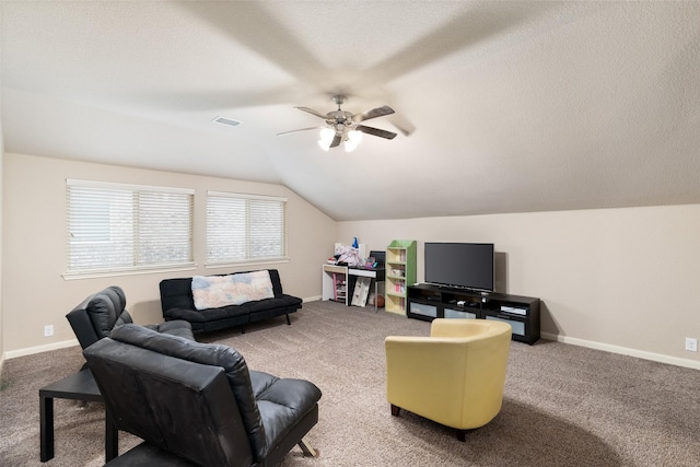500 Harding Ln, Lavon, TX 75166 - living room featuring carpet, lofted ceiling, ceiling fan, and baseboards