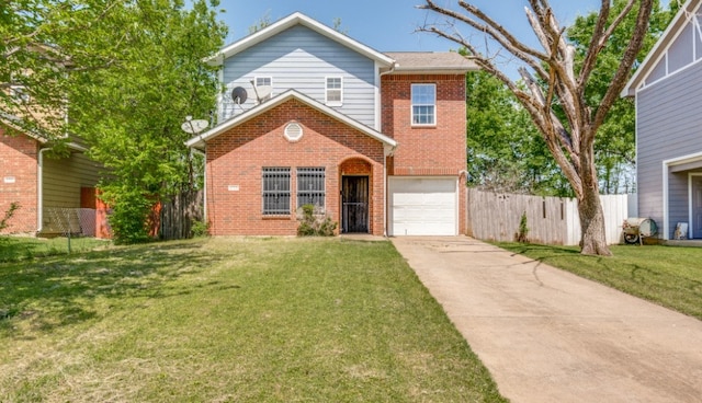 traditional-style home with concrete driveway, a front lawn, brick siding, a garage, and fence