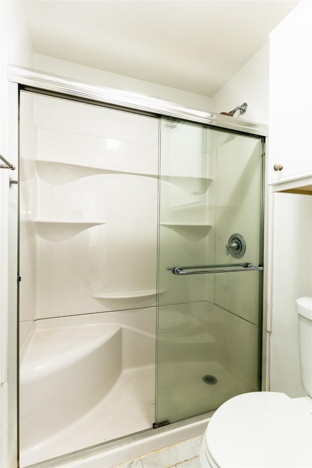 bathroom featuring toilet and a stall shower