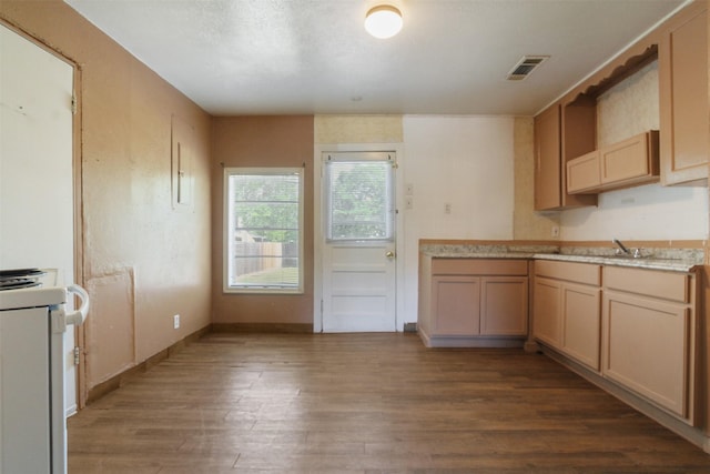 120 N Las Vegas Trl, White Settlement, TX 76108 - kitchen with white electric range, visible vents, a sink, baseboards, and dark wood-style floors
