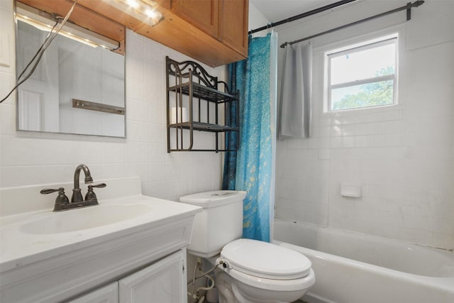 120 N Las Vegas Trl, White Settlement, TX 76108 - bathroom featuring tasteful backsplash, shower / tub combo, vanity, toilet, and tile walls