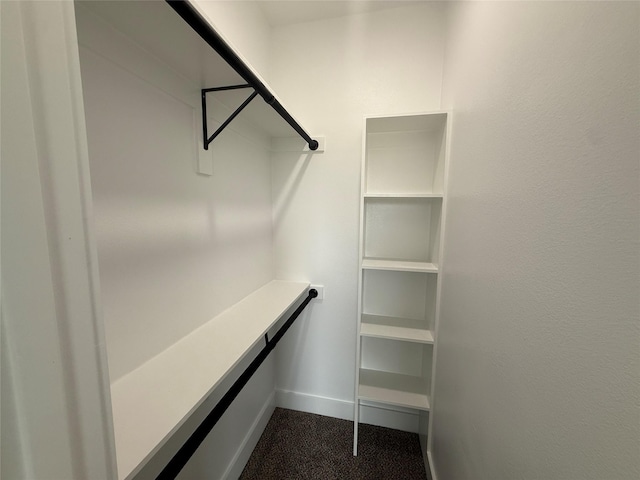 walk in closet featuring dark colored carpet