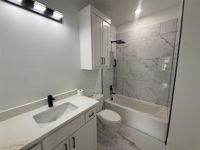 full bathroom featuring toilet, shower / bathtub combination, marble finish floor, and vanity