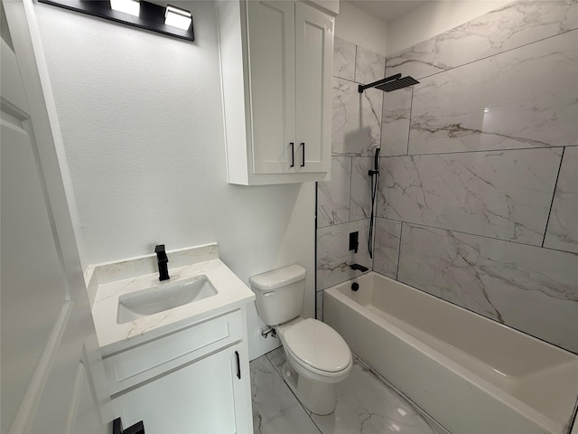 full bath featuring toilet, shower / bathtub combination, marble finish floor, and vanity