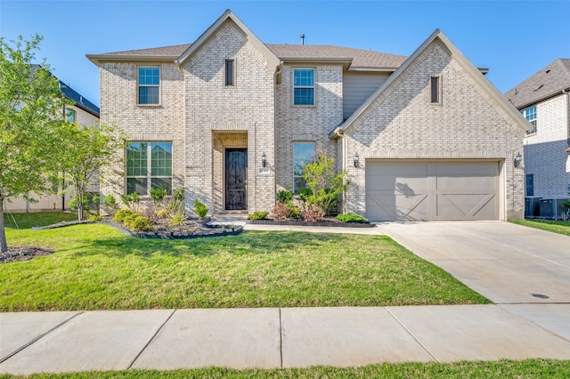view of front of home with cooling unit, concrete driveway, a front yard, and brick siding