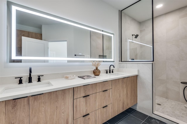 7312 Flyers Way, Dallas, TX 75235 - bathroom featuring tile patterned flooring, walk in shower, and double vanity