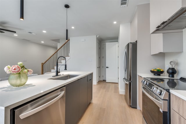 7312 Flyers Way, Dallas, TX 75235 - kitchen featuring appliances with stainless steel finishes, modern cabinets, a sink, custom exhaust hood, and light wood-style floors