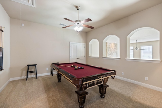 playroom with pool table, baseboards, visible vents, ceiling fan, and carpet