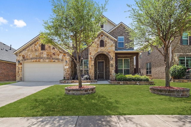 traditional-style house featuring concrete driveway, stone siding, metal roof, an attached garage, and a front yard