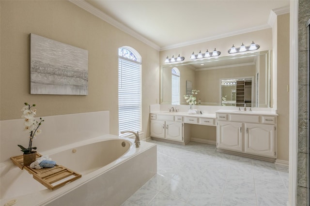 bathroom with crown molding, a garden tub, marble finish floor, and vanity
