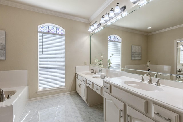 bathroom featuring ornamental molding, plenty of natural light, and a sink