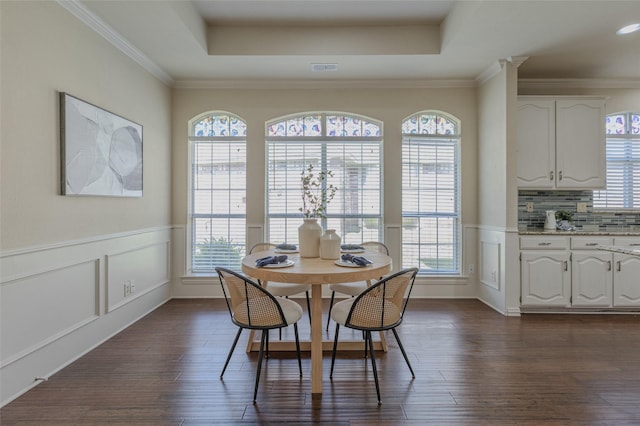 dining room featuring a tray ceiling, dark wood-style flooring, and a healthy amount of sunlight