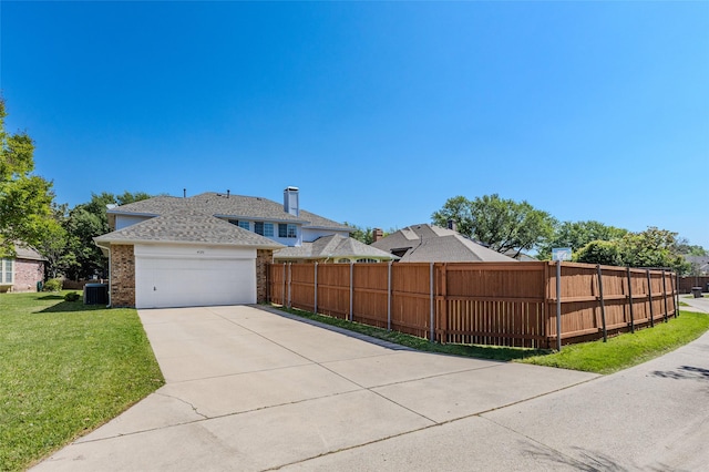 view of property exterior featuring driveway, a lawn, fence, central AC unit, and brick siding