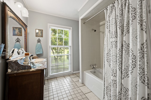 full bath featuring tile patterned floors, shower / bath combination with curtain, vanity, crown molding, and baseboards