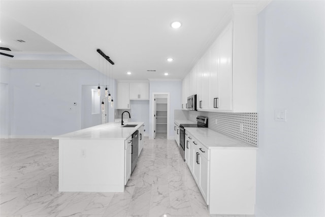 kitchen featuring appliances with stainless steel finishes, marble finish floor, ornamental molding, and recessed lighting