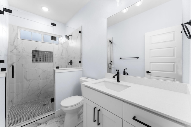 bathroom featuring vanity, recessed lighting, toilet, marble finish floor, and a marble finish shower