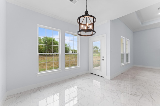 doorway to outside with marble finish floor, a notable chandelier, baseboards, and ornamental molding