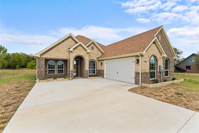 view of front of home with brick siding, driveway, stone siding, and an attached garage