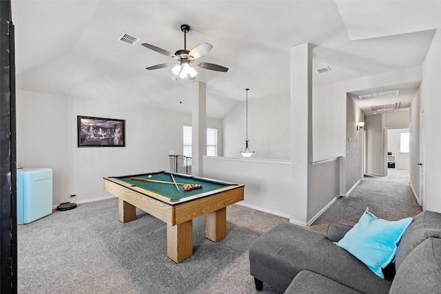 rec room with attic access, carpet floors, a ceiling fan, baseboards, and lofted ceiling