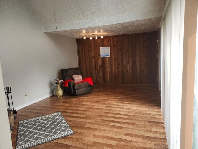 4614 Country Creek Dr Unit 1167, Dallas, TX 75236 - basement with wood finished floors, a textured ceiling, wooden walls, track lighting, and baseboards