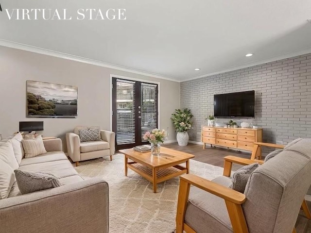 10109 Regal Park Ln Unit 117, Dallas, TX 75230 - living area featuring crown molding, light wood-style floors, brick wall, baseboards, and recessed lighting