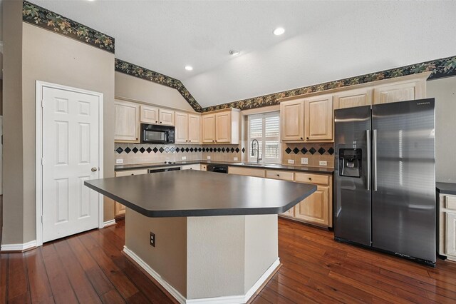 5320 Big Bend Dr, Fort Worth, TX 76137 - kitchen with stainless steel fridge with ice dispenser, dark wood-type flooring, black microwave, and a sink