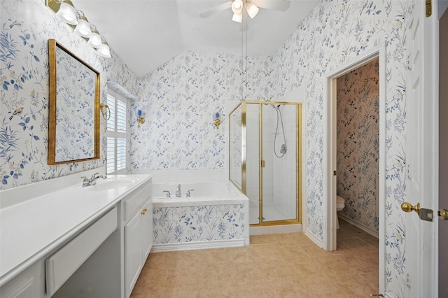 5320 Big Bend Dr, Fort Worth, TX 76137 - full bathroom featuring tile patterned floors, toilet, a shower stall, and wallpapered walls