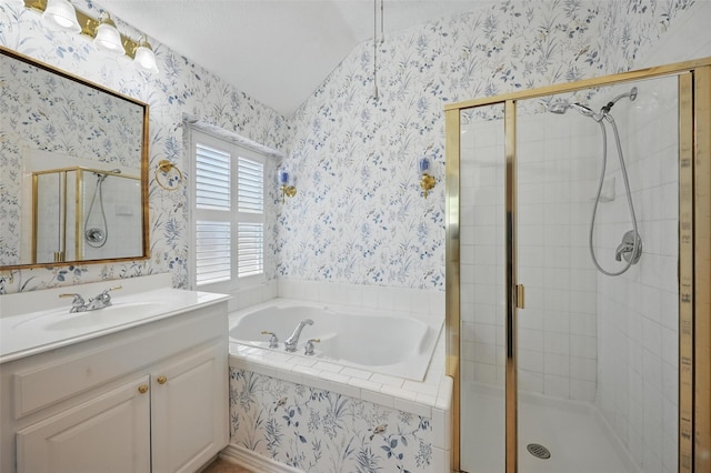 5320 Big Bend Dr, Fort Worth, TX 76137 - full bath featuring a bath, a shower stall, vanity, wallpapered walls, and lofted ceiling