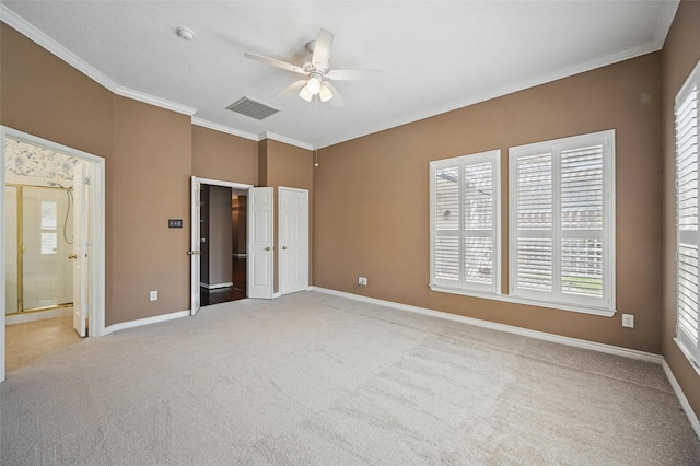 5320 Big Bend Dr, Fort Worth, TX 76137 - unfurnished bedroom with baseboards, crown molding, visible vents, multiple windows, and light colored carpet
