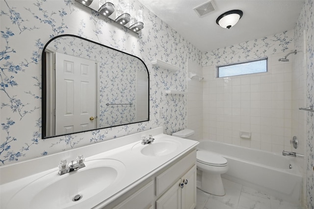5320 Big Bend Dr, Fort Worth, TX 76137 - bathroom with toilet, double vanity, a sink, and visible vents