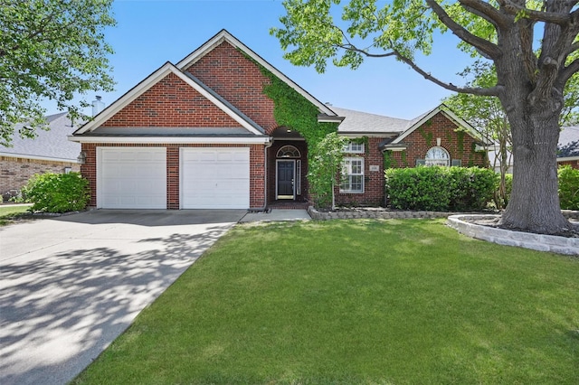 5320 Big Bend Dr, Fort Worth, TX 76137 - view of front of home featuring brick siding, a front yard, an attached garage, and driveway