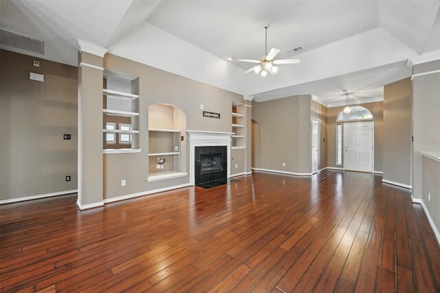 5320 Big Bend Dr, Fort Worth, TX 76137 - unfurnished living room featuring built in features, ceiling fan, visible vents, and baseboards