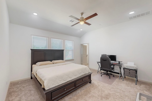 2812 Bluejack Rd, Mckinney, TX 75071 - bedroom with light carpet, an office area, recessed lighting, lofted ceiling, and a ceiling fan
