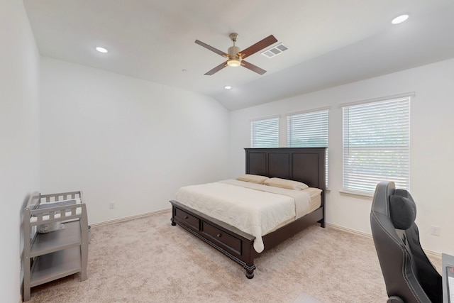 2812 Bluejack Rd, Mckinney, TX 75071 - bedroom featuring light colored carpet, lofted ceiling, ceiling fan, recessed lighting, and an office area