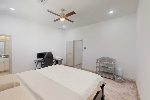 2812 Bluejack Rd, Mckinney, TX 75071 - bedroom with light colored carpet, recessed lighting, a ceiling fan, and ensuite bathroom