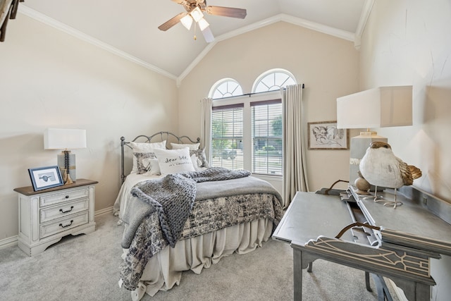 1318 Amsterdam Ct, Granbury, TX 76048 - bedroom featuring light carpet, vaulted ceiling, crown molding, and a ceiling fan