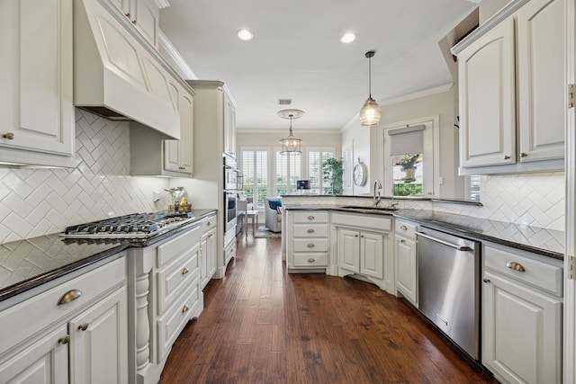 1318 Amsterdam Ct, Granbury, TX 76048 - kitchen with appliances with stainless steel finishes, a sink, ornamental molding, premium range hood, and dark wood-style flooring