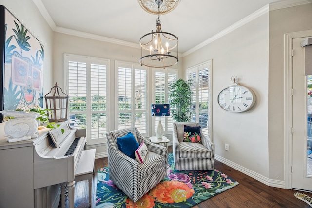 1318 Amsterdam Ct, Granbury, TX 76048 - sitting room with a chandelier, wood finished floors, baseboards, and ornamental molding