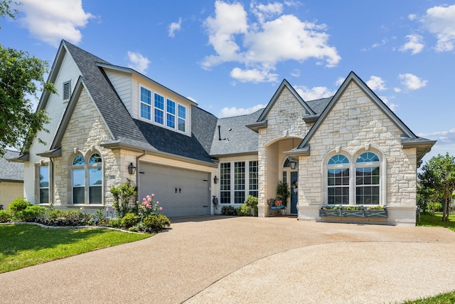 1318 Amsterdam Ct, Granbury, TX 76048 - french country home featuring stone siding, a shingled roof, concrete driveway, a front lawn, and a garage